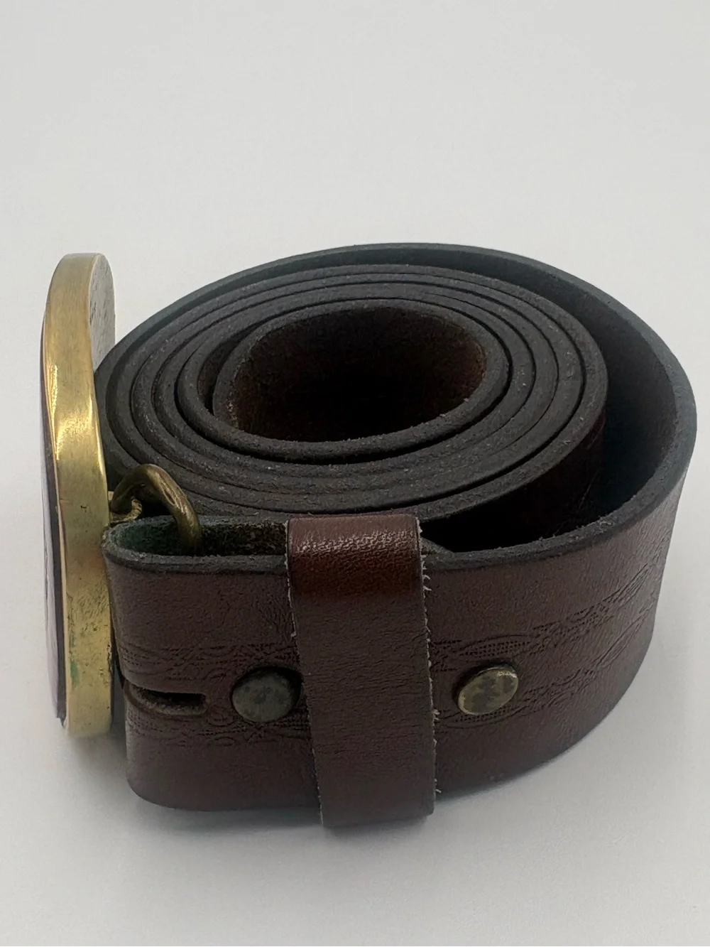 Vintage FIAT Solid Brass Buckle Genuine Cowhide Embossed Leather Belt Italy 74